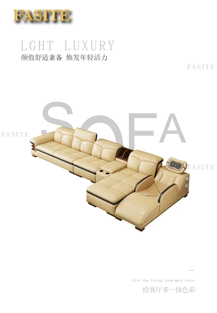 Smart Leather Sofa Massage for Left and Right Noblewomen, Cowhide Solid Wood Living Room Corner Small Unit