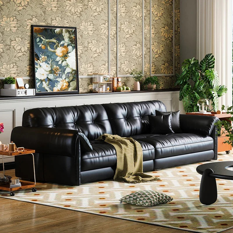 Oil wax leather sofa, French retro style, large and small apartment, living room straight combination