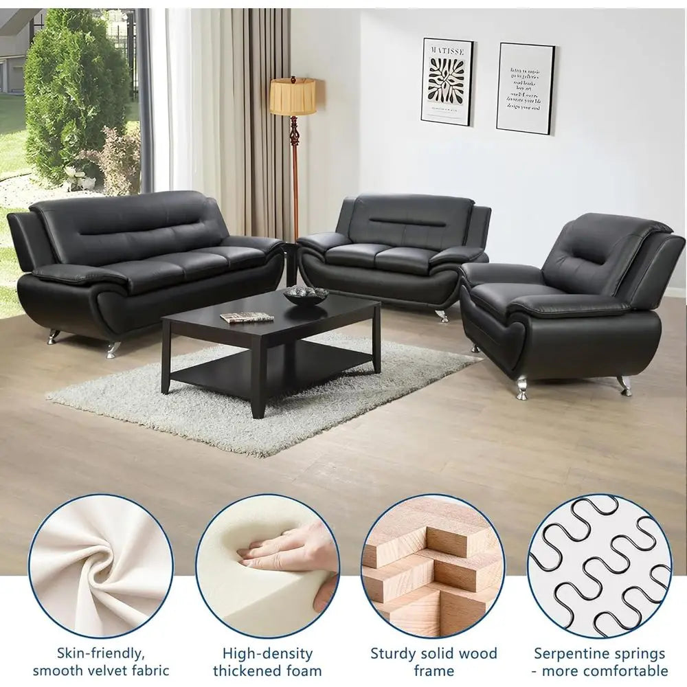 ern 3 Piece Living Room Couch Set, aux Leather Soa Set, Black