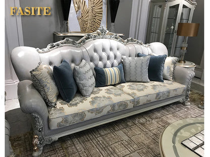 French light luxury living room large apartment first layer cowhide European solid wood carving flower three sofa combination