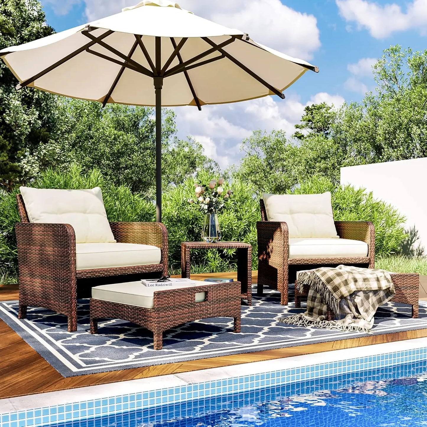 5 Pieces Outdoor Patio Wicker Chairs Set with Ottoman Outside Conversation Furniture Set with Cushions and Coffee for Ba