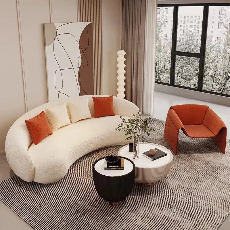 A Modern Furniture Comfort White Half Moon Round Couch Living Room Lounge Couches 3 Seater Velvet Fabric Curved Sofa for Home