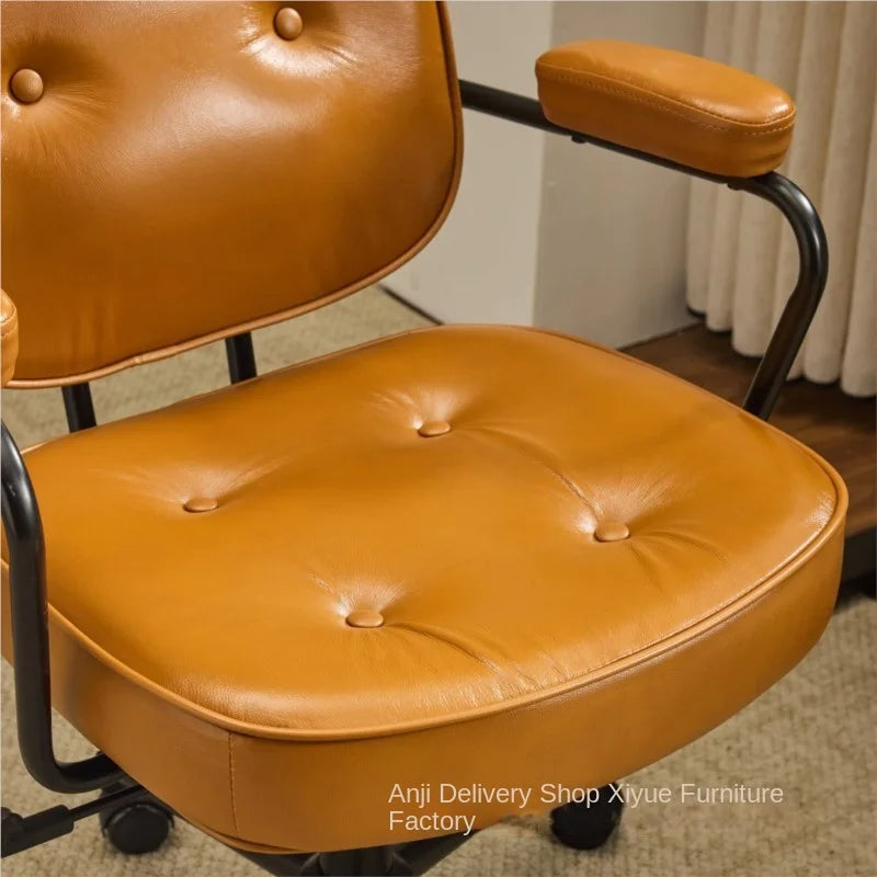 Home Computer Chair Office Chair Swivel Chair Oil Wax Leather and Top Layer Cowhide Style Retro Light Luxury Texture New