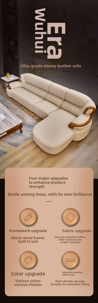 New Chinese style, leather, sofa, combination, all solid wood, luxury, living room