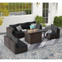 PatioLix 7 Piece Patio Furniture Set with Fire Pit Table, Rattan Outdoor Sectional Patio Conversation Sets with Seat Cushions for Backyar