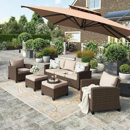 Garden Sofas, Furniture Set with Fire Pit Table, Outdoor Wicker Conversation Set, 3-Seat with 56" Fire Pit Table Garden Sofas