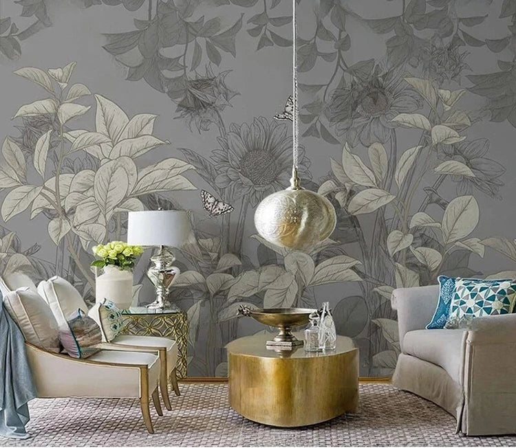 MU8963 Nordic ins hand-painted retro plant European country style interior background wall wallpaper