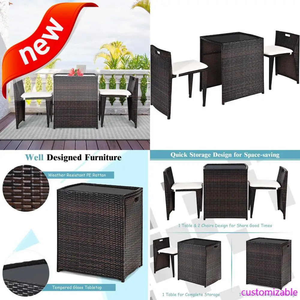 2025new-Wicker Outdoor Patio Bistro Set with 3 Pieces, Rattan Dining Furniture, Cushioned for Garden and Deck Use