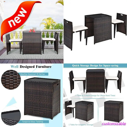 2025new-Wicker Outdoor Patio Bistro Set with 3 Pieces, Rattan Dining Furniture, Cushioned for Garden and Deck Use