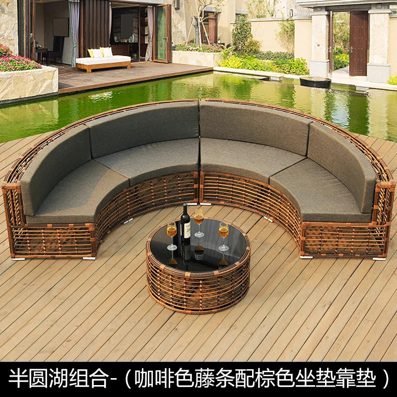 Rattan sofa combination courtyard garden leisure outdoor living room custom semi-circular arc rattan chair terrace outdoor