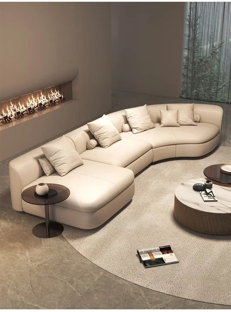 Italian Minimalist Circular Curved Leather Sofa Large Apartment Living Room Corner Leather Sofa