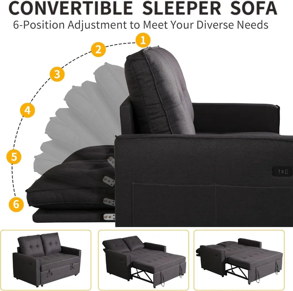 Convertible Sofa Bed with USB, Reclining Backrest & Storage Pockets - 3-in-1 Sleeper for Small Spaces (Dark Grey)
