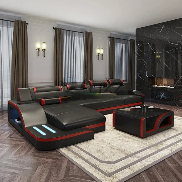 Living Room Leisure Sectional Black Leather Sofa Furniture Set
