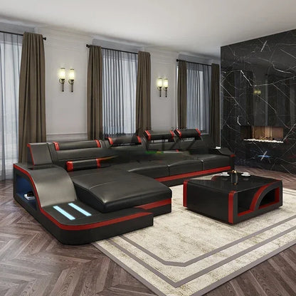 Living Room Leisure Sectional Black Leather Sofa Furniture Set