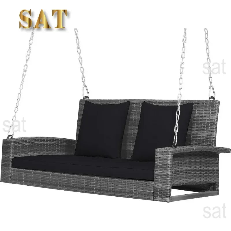 l Hanging Porch Swing, 2-Person Outdoor Wicker Swing Chair Bench With Cushions, Steel Chains For Garden, Backyard, Deck L
