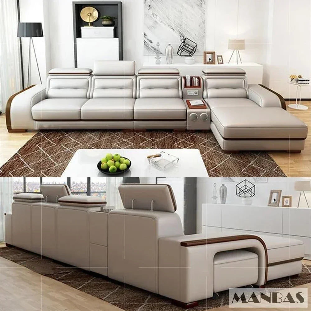 Genuine Leather Sofa With Bluetooth Speaker,USB And Adjustable Headrests - Nordic Italian Couch For Living Room Economically