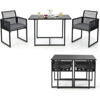 3 Pieces Outdoor Dining Set, Patio PE Rattan Furniture Set with Folding Backrest, Cozy Seat Cushions, Tempered Glass