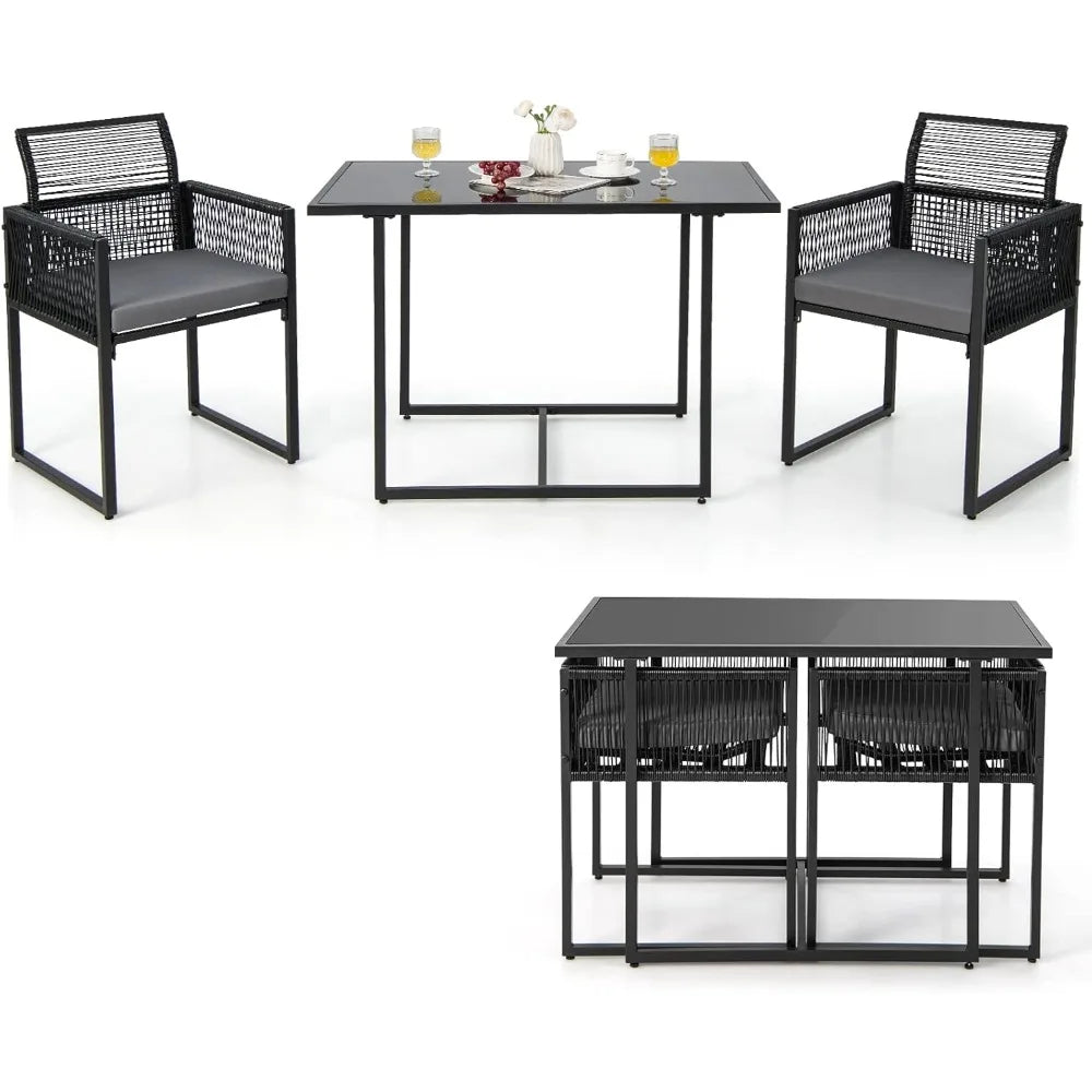 3 Pieces Outdoor Dining Set, Patio PE Rattan Furniture Set with Folding Backrest, Cozy Seat Cushions, Tempered Glass