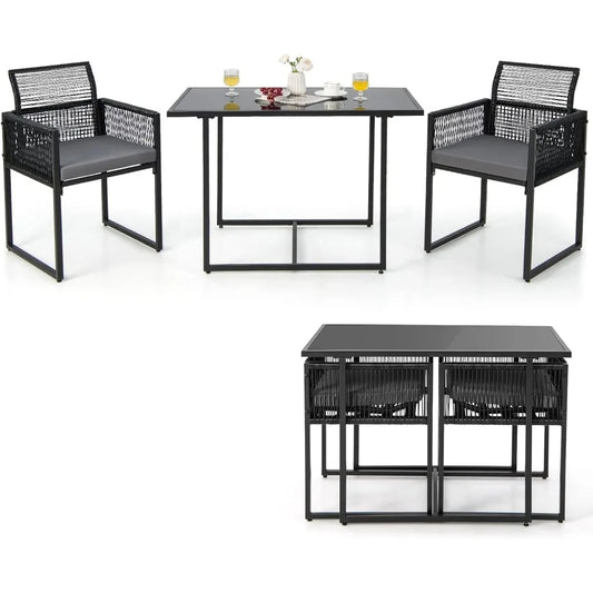 3 Pieces Outdoor Dining Set, Patio PE Rattan Furniture Set with Folding Backrest, Cozy Seat Cushions, Tempered Glass