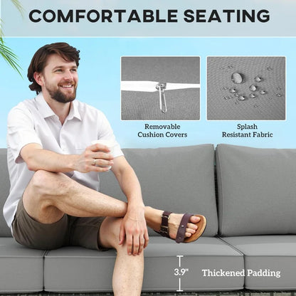 3 Seater Wicker Sofa with 2 Storage Side Tables and Thickened Cushions Rattan Outdoor Patio Sofa with Wide Armrests for Porch G