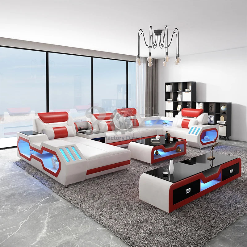 Modern Design Leather Couch Sectional Living Room Sofa Set Furniture with LED