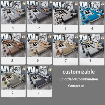 Modern simple living room sofa set U-shaped sleepable luxury cloth sofa villa large combination corner function sofa