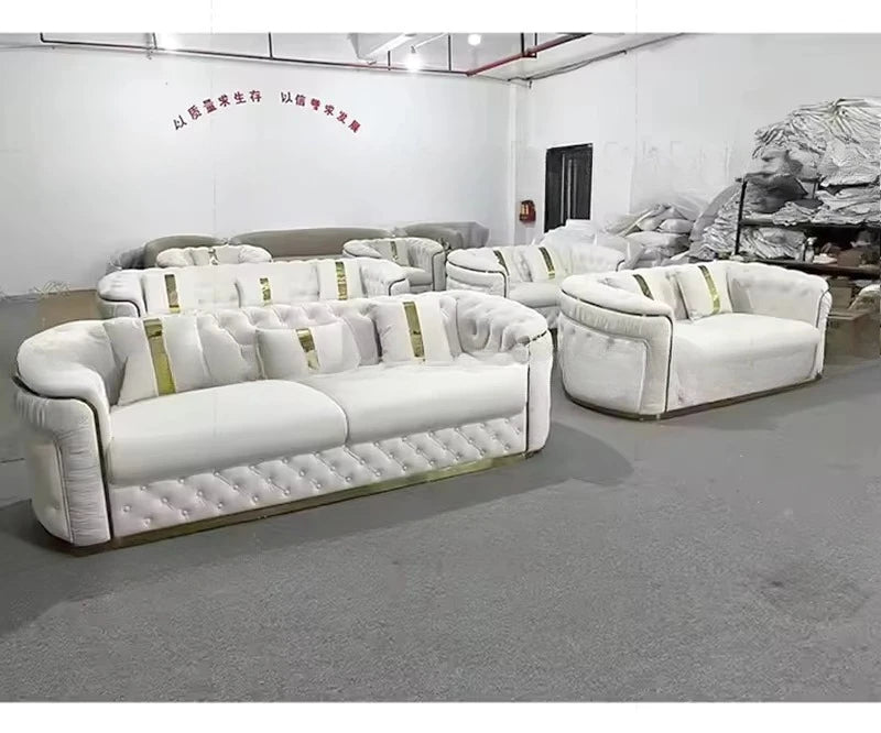 Factory direct sales European luxury rose gold legs white chesterfield sofa velvet fabric button tufted living room sofa