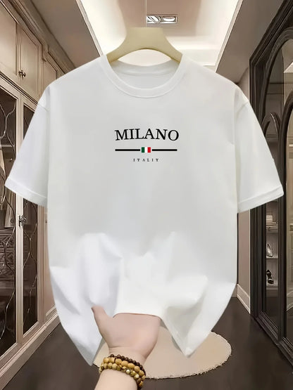 Men's 100% Pure Cotton Fashionable Casual Loose Italian Style Milan Letter Printed Round Neck Short Sleeved T-shirt Tops Tees