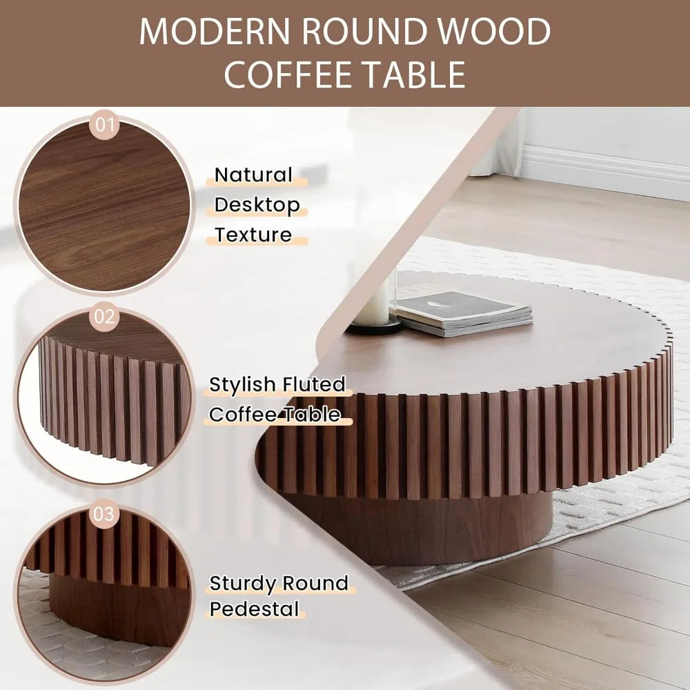 Walnut Round Coffee Table Wood, Modern Fluted Coffee Table for Living Room, Contemporary Low Circle Center Tables