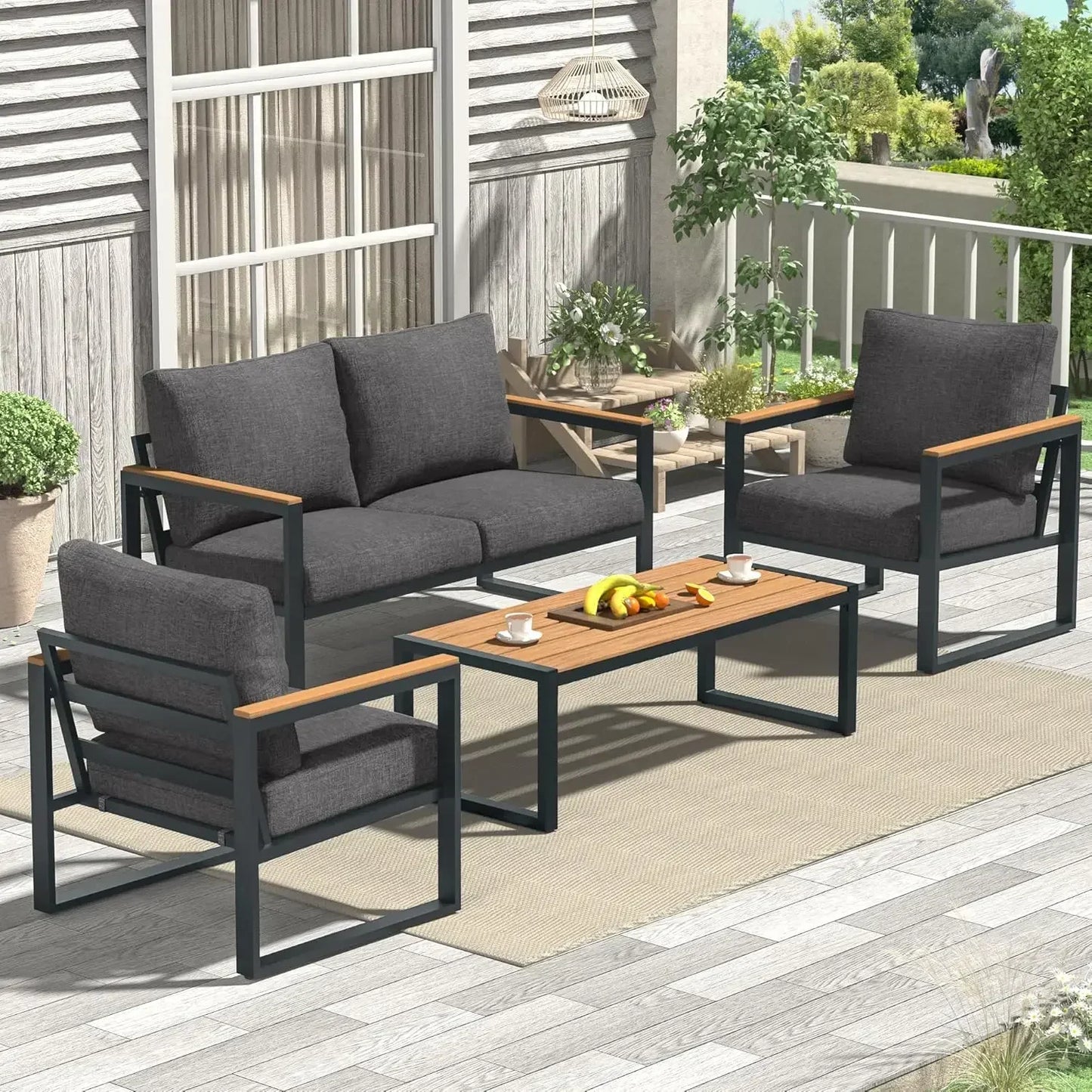 PatioLix Furniture Set, 4 Pieces Outdoor Patio Furniture with Coffee Table Set, Metal Patio Conversation Sets with Washable