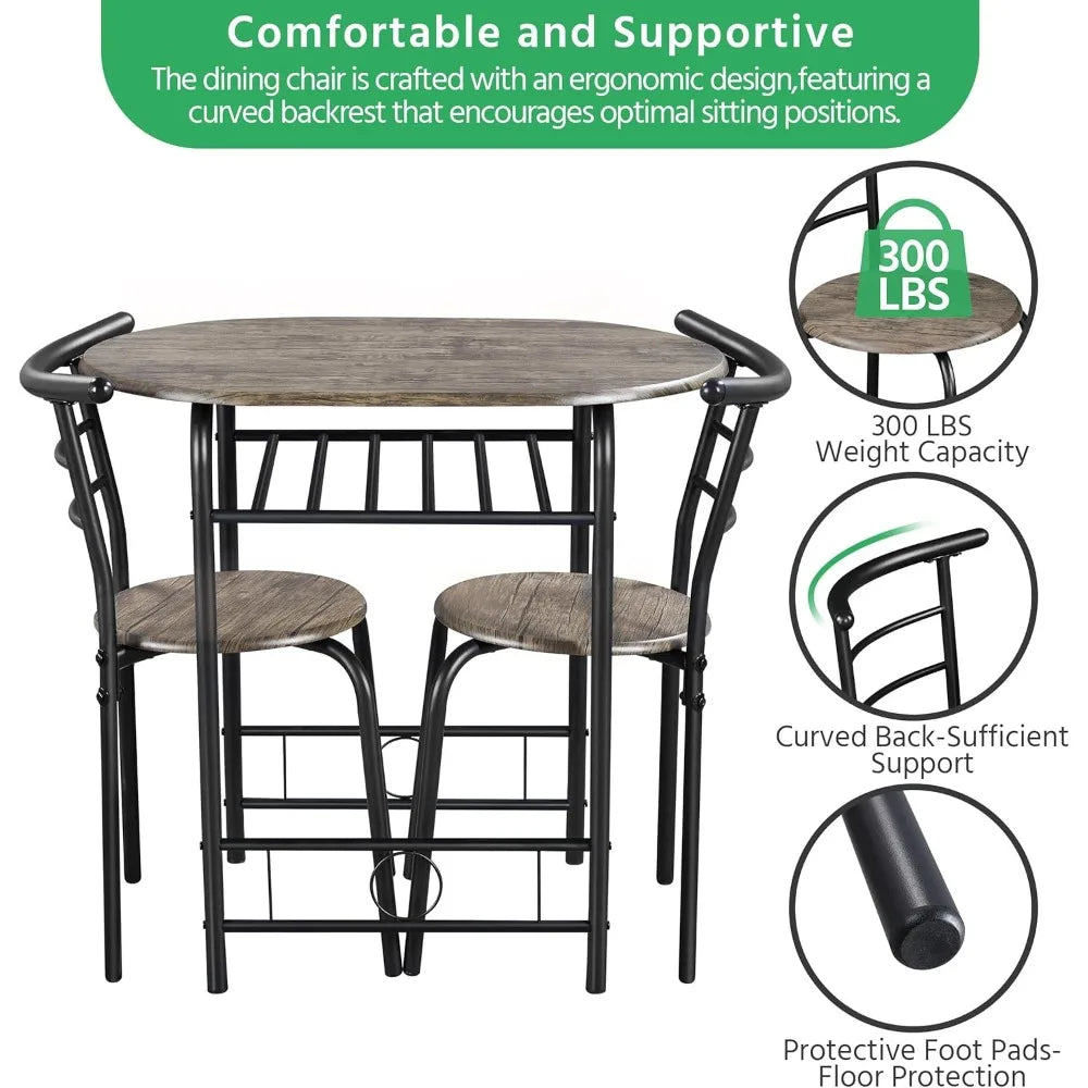 3 Piece Dining Table Set,Kitchen Table & Chair Sets for 2,Compact Bistro Table Set with Steel Legs,Built-in Wine Wine Rack Small