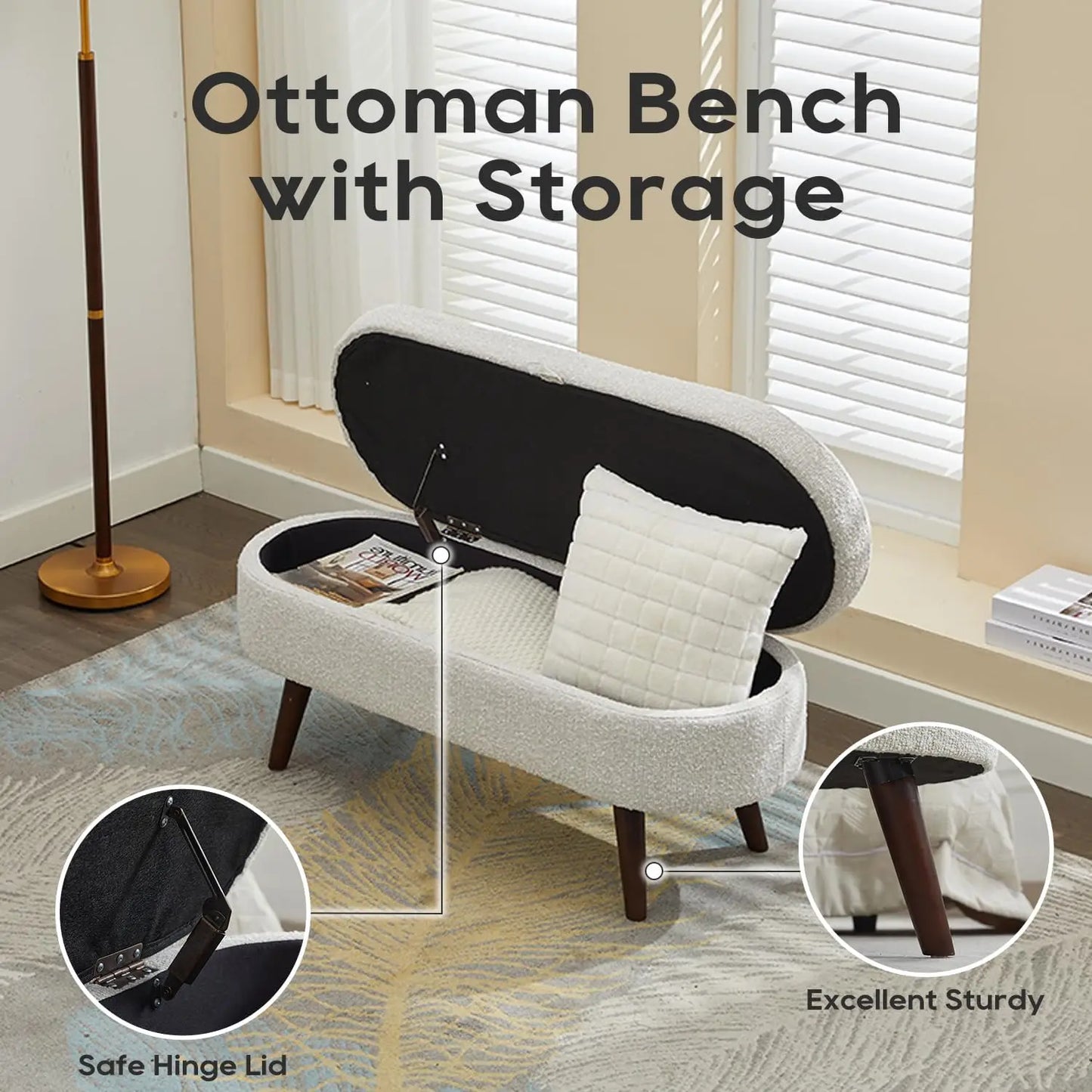 43.8" Boucle Storage Ottoman Bench, 300 Lb Capacity, Upholstered, Safety Hinge, Flip-Top Oval Foot Rest With Wood Legs