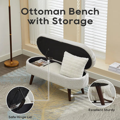 43.8" Boucle Storage Ottoman Bench, 300 Lb Capacity, Upholstered, Safety Hinge, Flip-Top Oval Foot Rest With Wood Legs