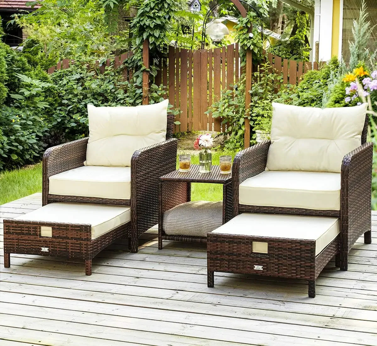 PE Wicker Outdoor Patio Chairs Set 5 Pieces Patio Furniture Set, Rattan Balcony Furniture with Ottomans