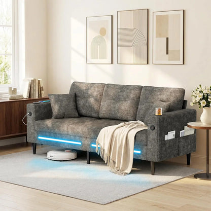 77" Small Cloud Loveseat 3 Seater Sofa, Green | Deep Seat, LED Light, USB Charger, Chenille, Modern, Customized