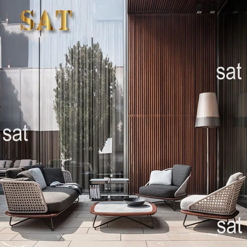 #All Weather Outdoor Lounge Sofa Set L-Shaped Corner Aluminum Frame With Rope Weaving For Patio Hotels