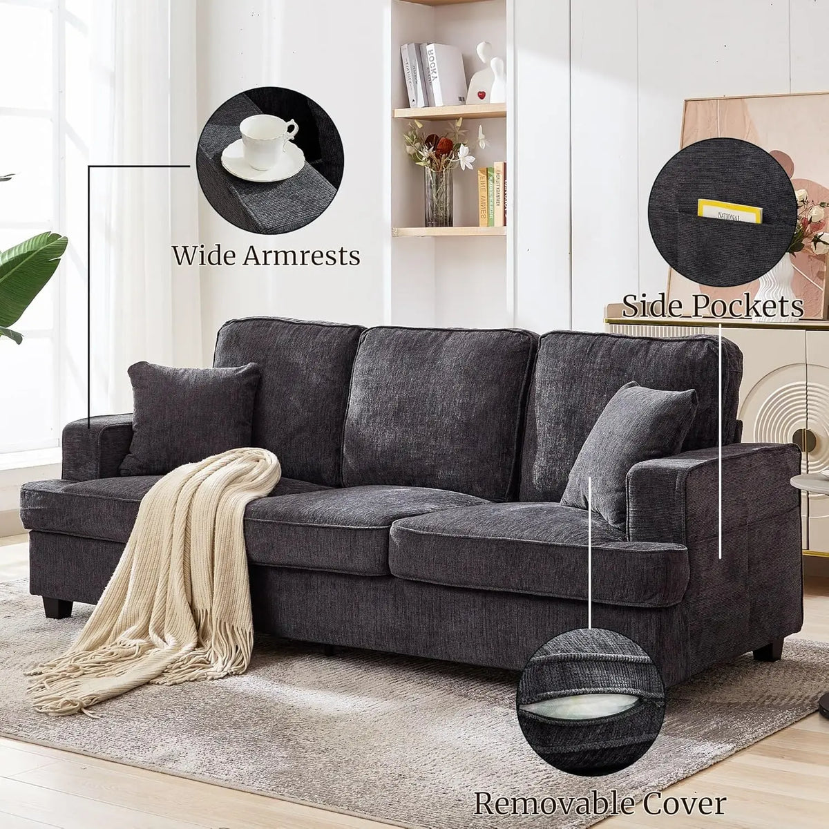 89 Inch 3 Seater Chenille Upholstered Couch Plush Deep Seat Cloud Sofa Gray Soft Upholstered Furniture for Living Room Bedroom Apartment Office Small Space
