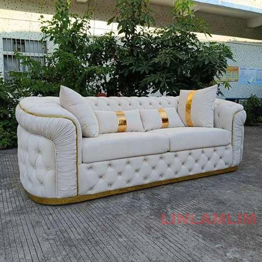 Luxury Chesterfield Sectional Sofa Set With Cloth Buttons And Fabric Modular Couch With Gold Stainless Steel Base, 3-seater