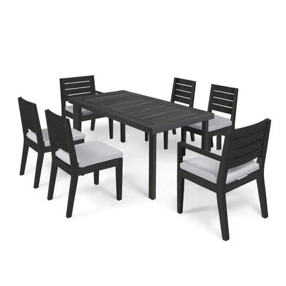 Expandable 7-Piece Outdoor Acacia Wood Dining Set in Sandblasted Dark and Light Gray