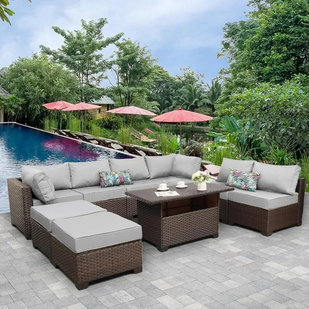 /-Patio Furniture 9 Piec Set with Cushions and 45” Gas fire Pit Table, Outdoor PE Rattan Sectional Conversation Sofa Set