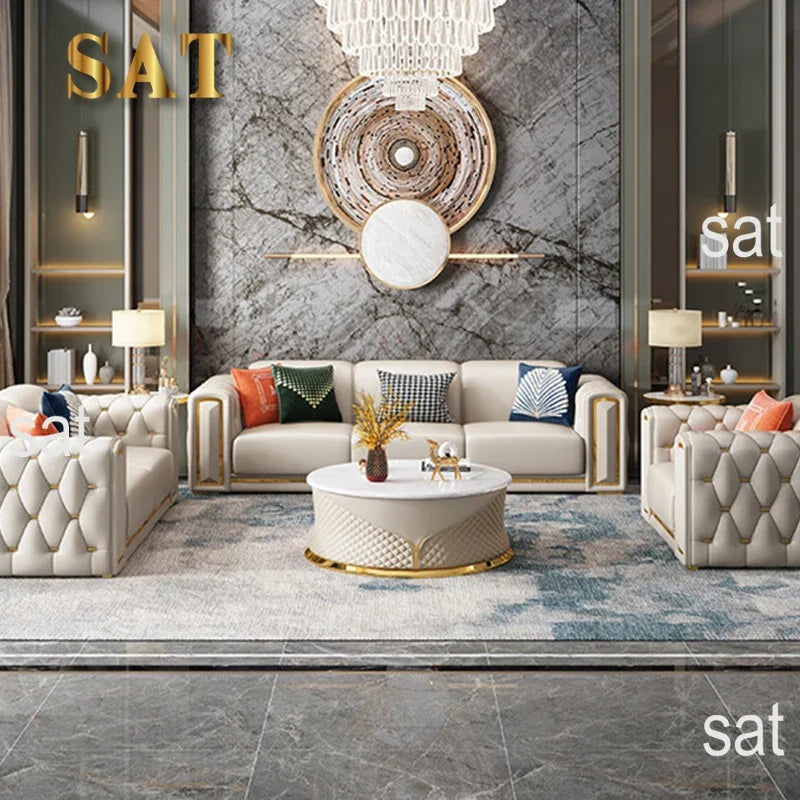 A Modern Modular Sofa Simple Leather Living Room Sofas Light Luxury 3 Seater Classic White Leather Soft Single Sofa