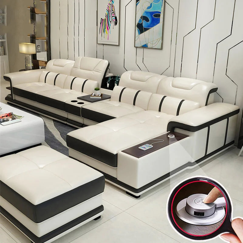 2023 Cheap Living Room Furniture Sofa Partition L-shaped Leather Sofa Set with Custom Material Function Table