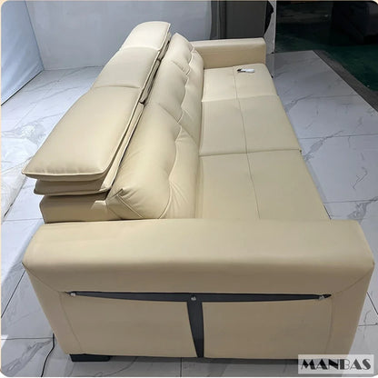 Genuine Leather Electric Convertible Sofa Bed with Adjustable Headrest, Multifunctional Folding Sofa Beds for Cinema Living Room