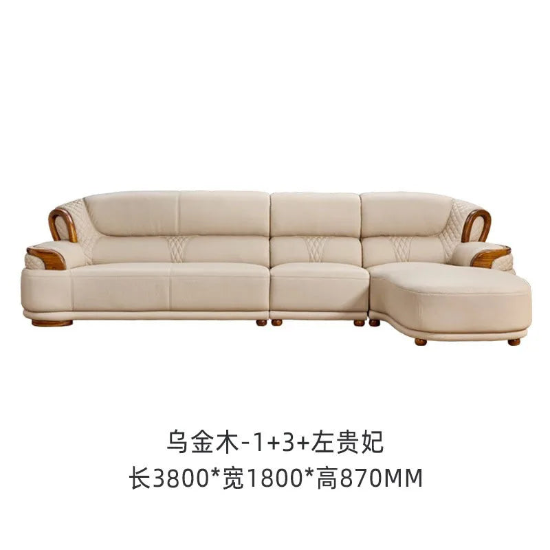 New Chinese leather sofa first layer cowhide ebony wood Italian light luxury sofa living room combination U solid wood furniture
