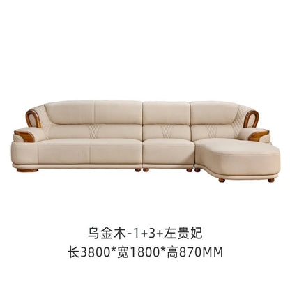 New Chinese leather sofa first layer cowhide ebony wood Italian light luxury sofa living room combination U solid wood furniture
