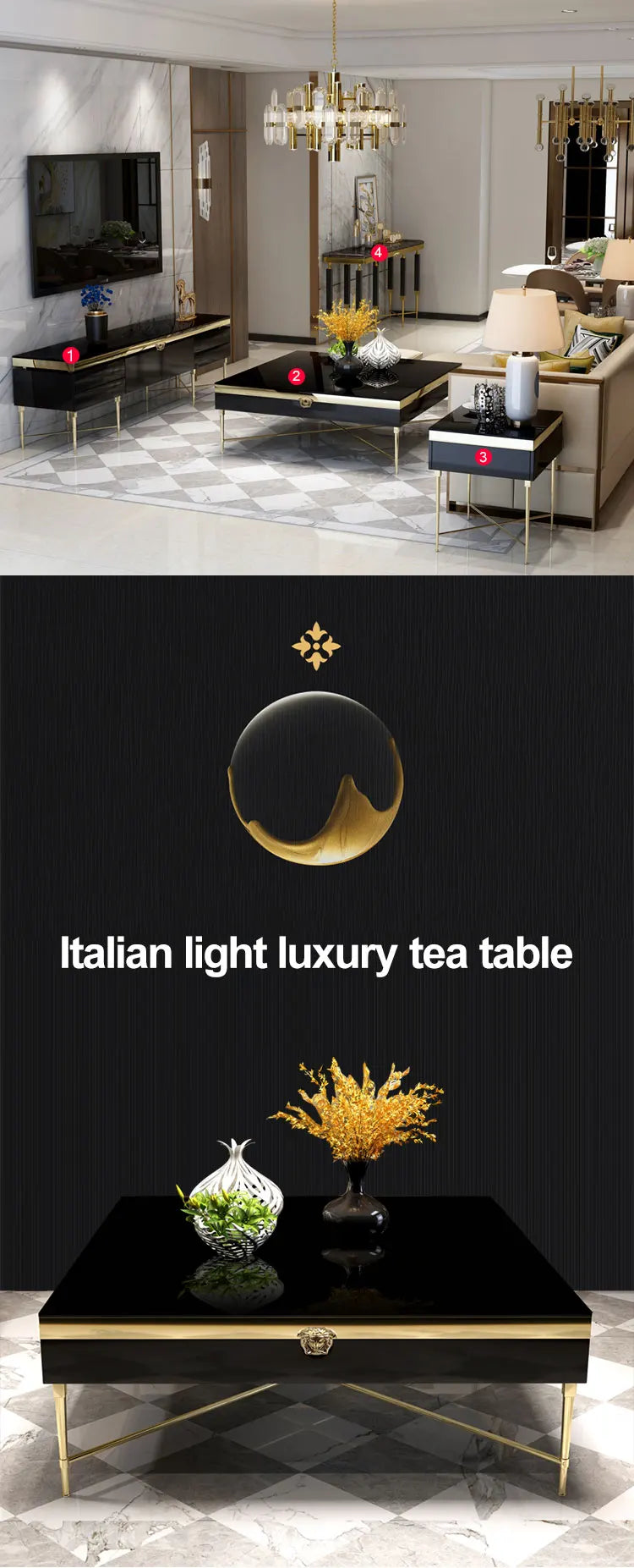 Luxury modern Italian design black glass stainless steel high-grade metal coffee table living room furniture gold coffee table