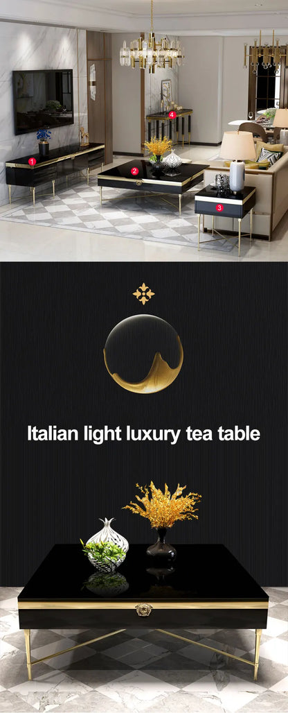 Luxury modern Italian design black glass stainless steel high-grade metal coffee table living room furniture gold coffee table