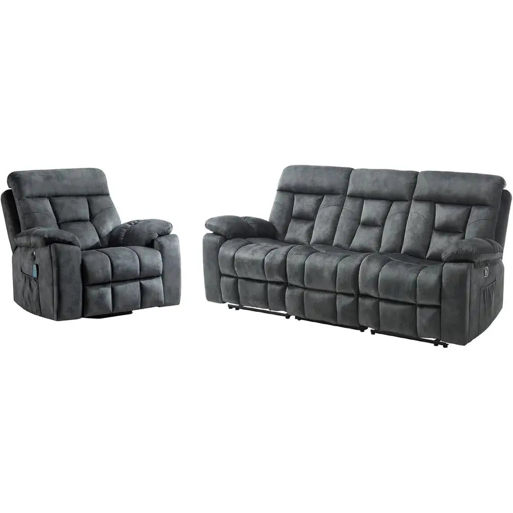 2 Piece Reclining Living Room Set, Sot abric Recliner Soa urniture Set, Included Power Lit Recliner Chair with Massage and Heat