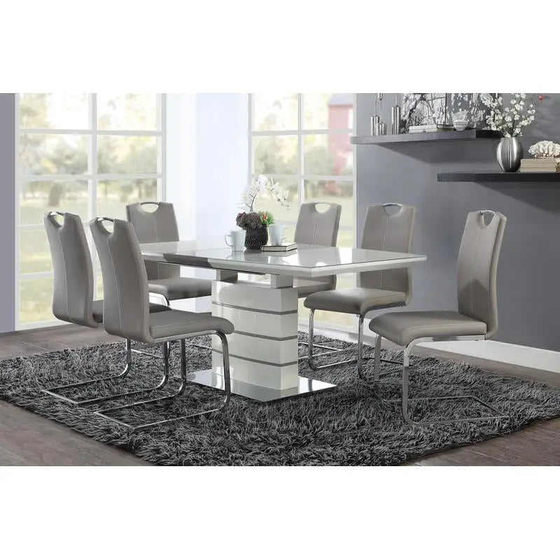 Set of 2 Chrome Metal Finish Side Chairs, Gray-Taupe Faux Leather Upholstery, Casual Dining Furniture