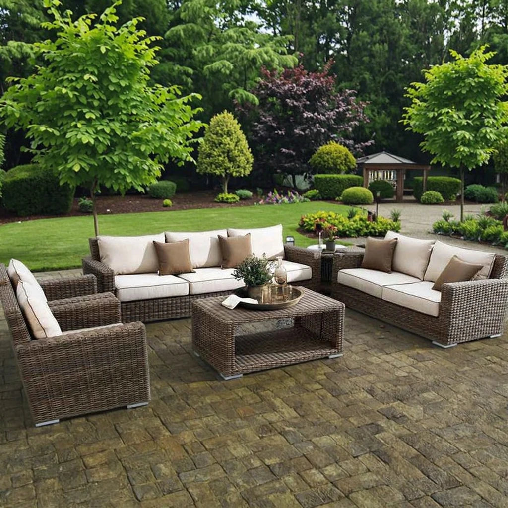 Modern Outdoor PE Rattan Furniture Set Wood Coffee Table & Balcony Living Room Sofas Patio Villa Courtyard Hotel Leisure Garden